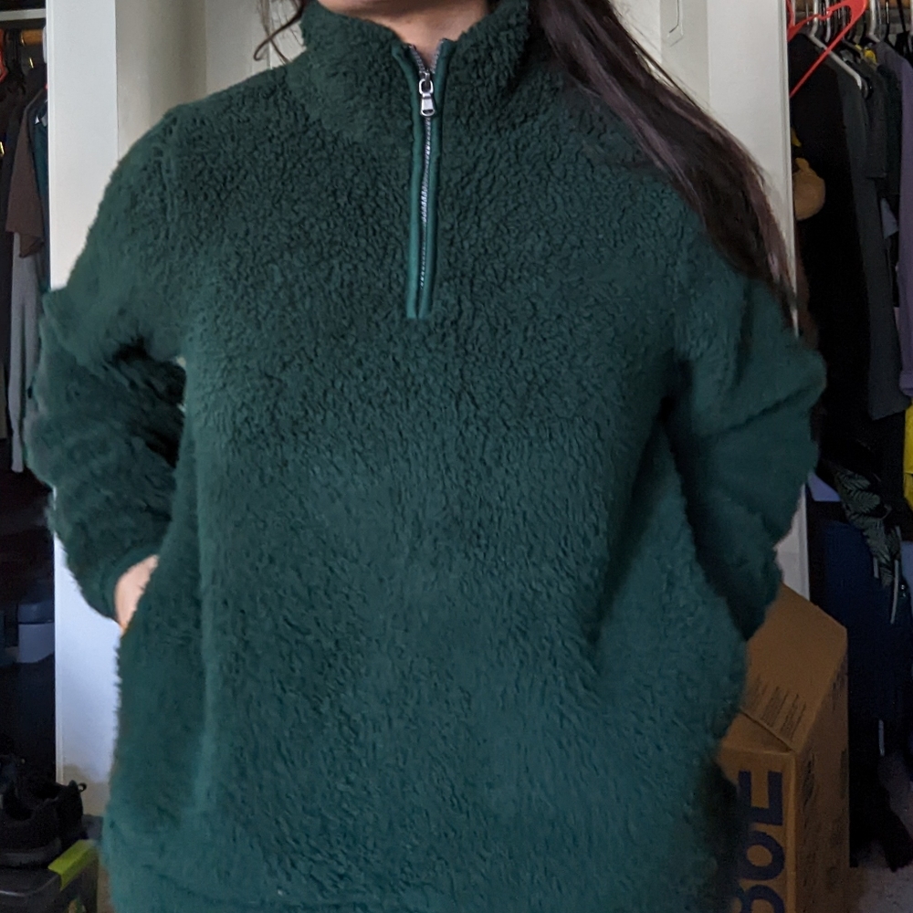 Sonoma Forrest Green Super Soft Sherpa Quarter Zip-up Pullover Sweater - Picture 2 of 9